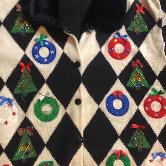 Woman’s abstract fall artsy  festive fur collar Christmas sweater cardigan - Picture 3 of 12